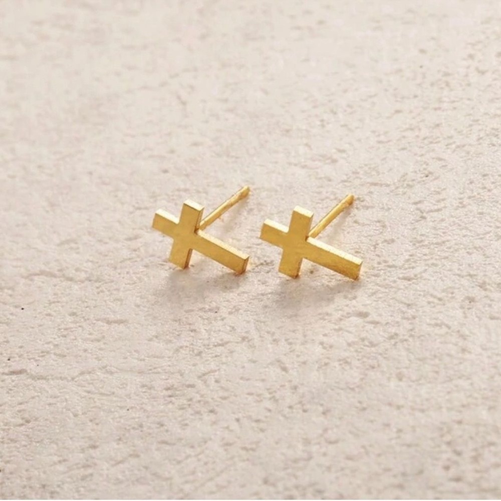 Gold Plated Stainless Steel Cross Stud Earrings - Picture 2 of 4